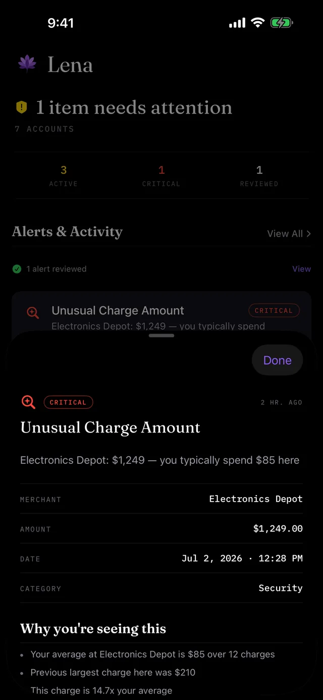 Alert detail screen showing the evidence behind a security alert