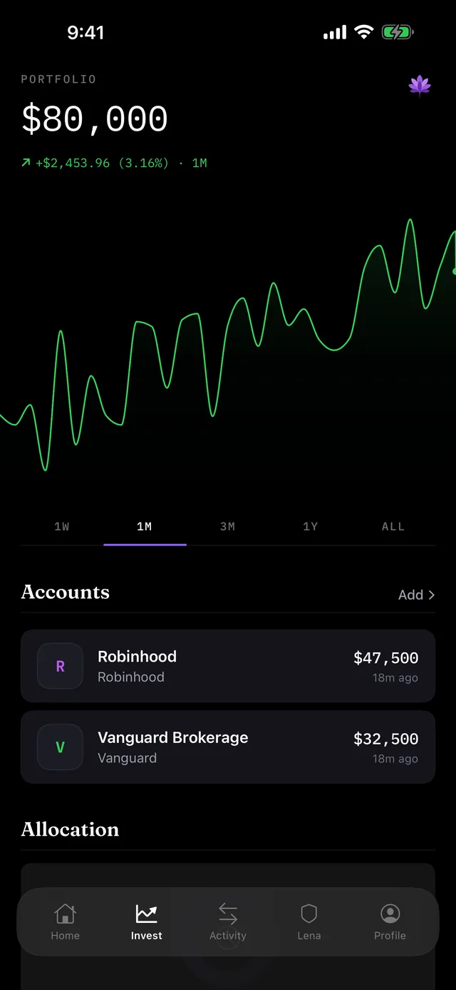Investment portfolio screen with performance chart and allocation