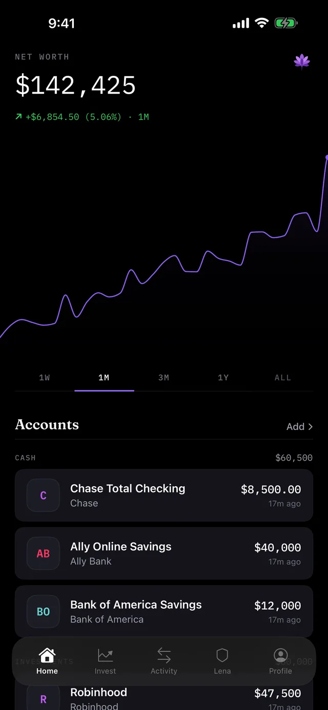 Lena app showing a net worth dashboard with an interactive chart and linked accounts