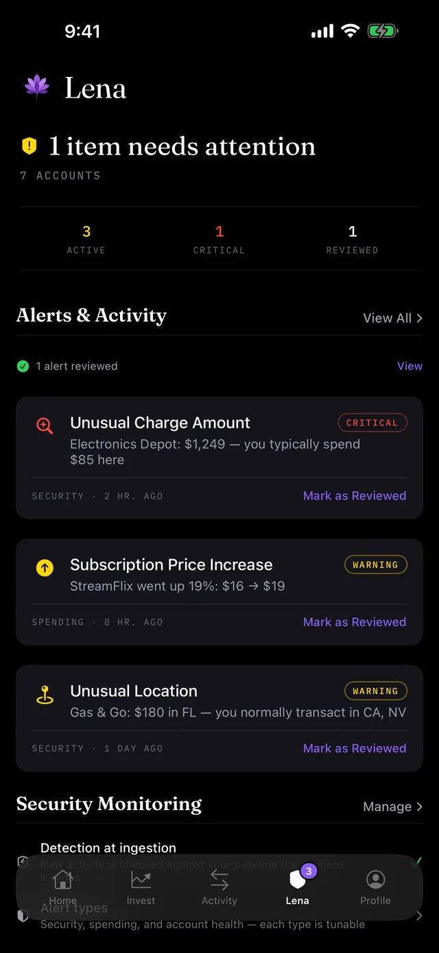 Lena security feed listing recent alerts and monitoring status